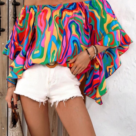 Vibrant Multicolor Swirl Off-Shoulder Blouse - Picture 9 of 9